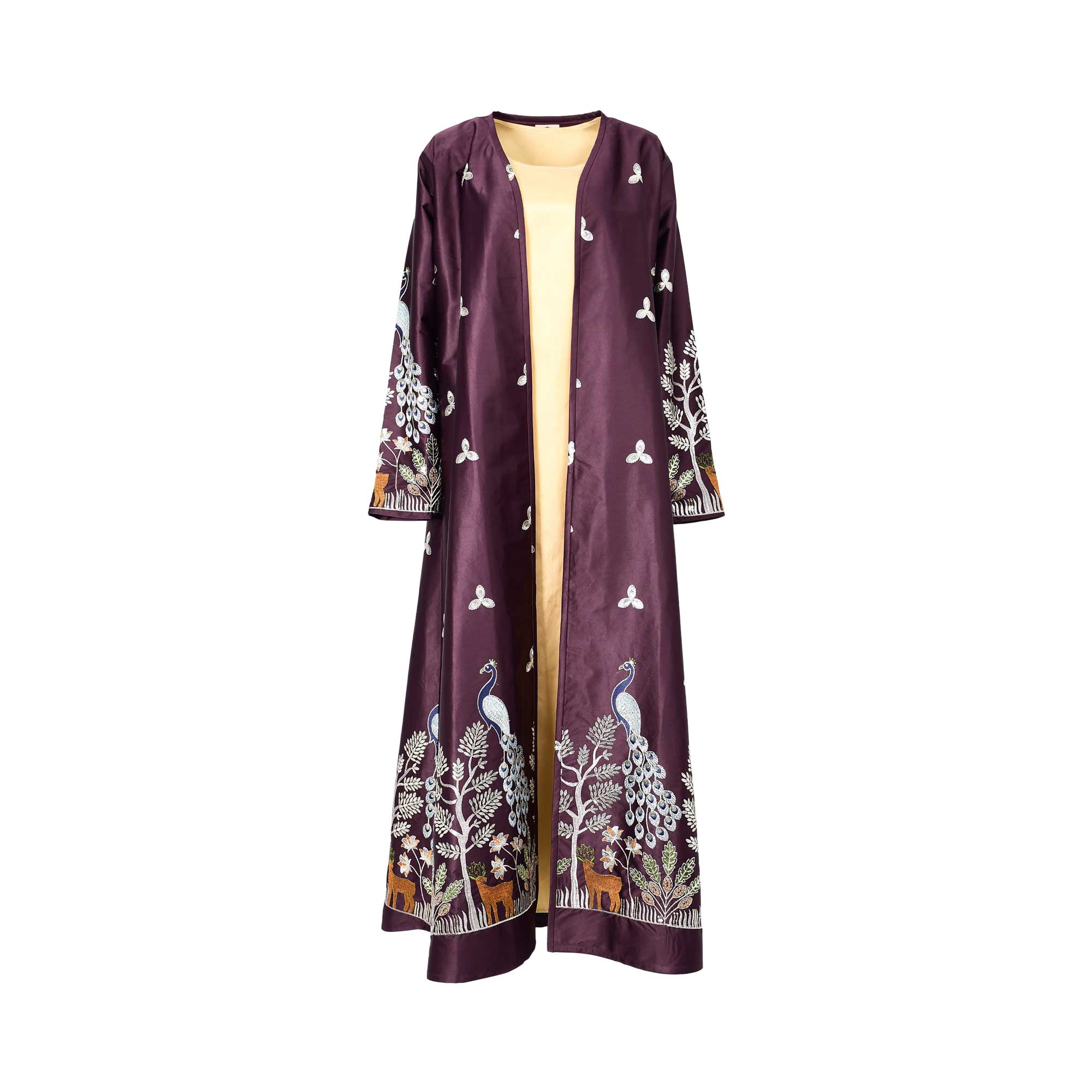 Front view of the Nero women's purple embroidered jalabiya set with gold inner dress. Shop the Collection Online