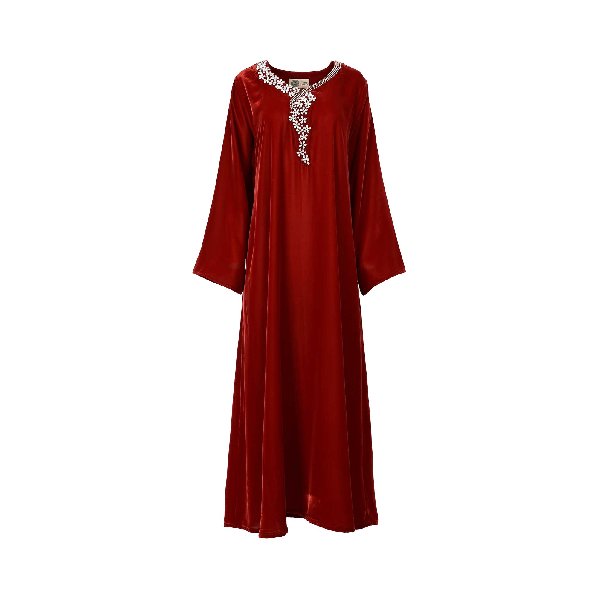 Front view of the Nero women's red velvet floral embellished jalabiya. neckline. Shop Now Online