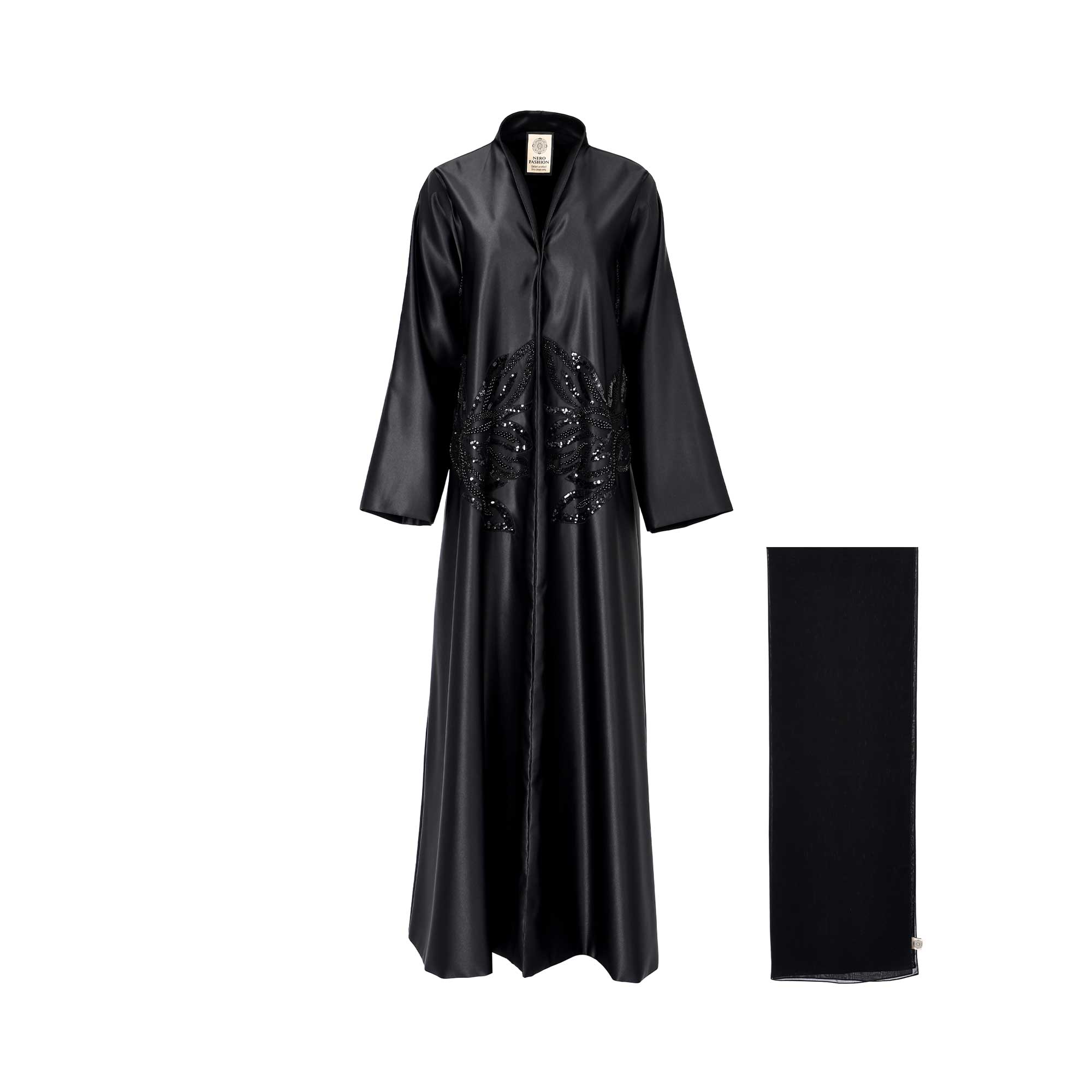 Front view of the Nero women's satin black embellished abaya with waist bead detailing and matching scarf. Available Now at Blue Salon Qatar