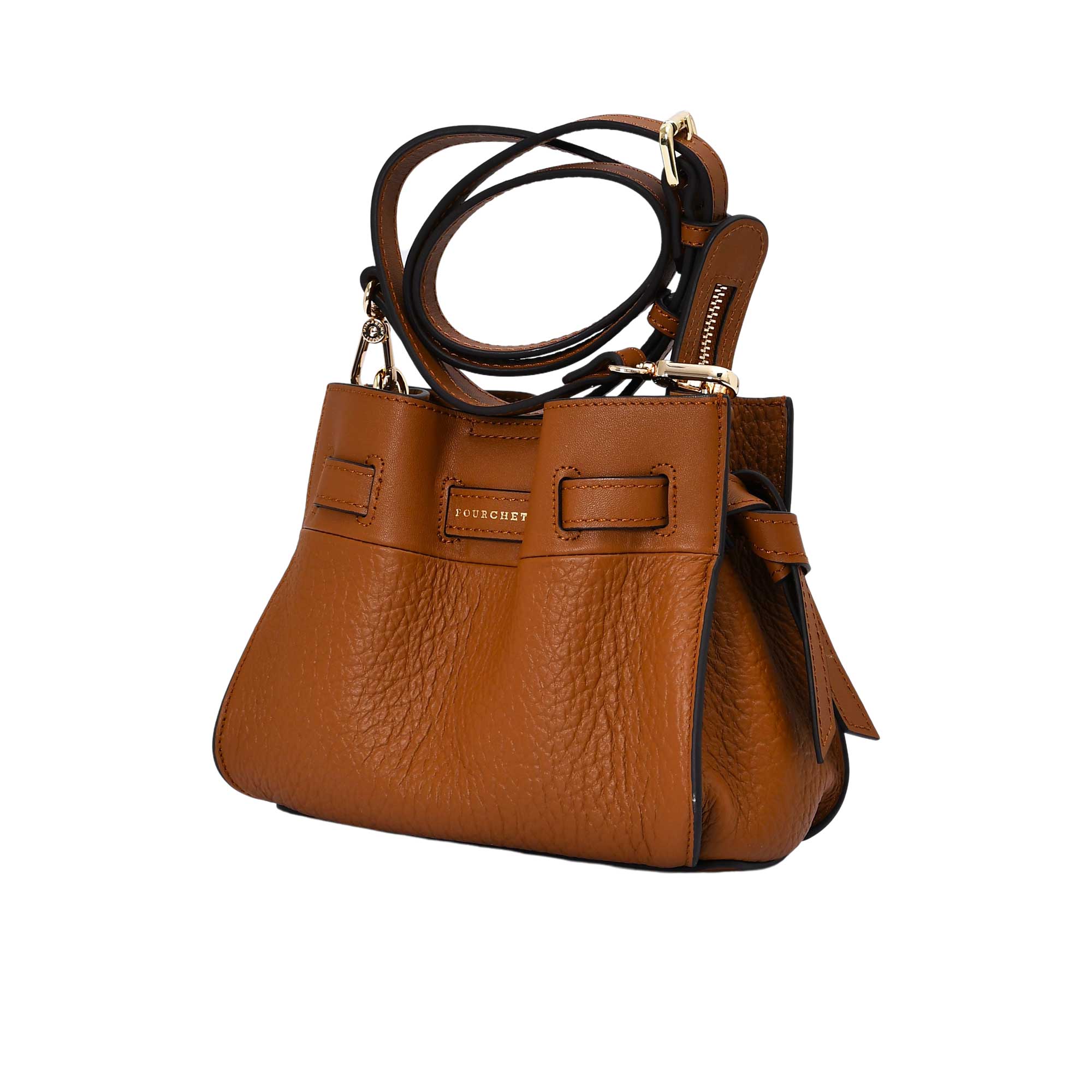 Side view of the Pourchet Blossom bag  pebbled leather, featuring a decorative knotted leather tie and a gold-toned D-ring attachment.