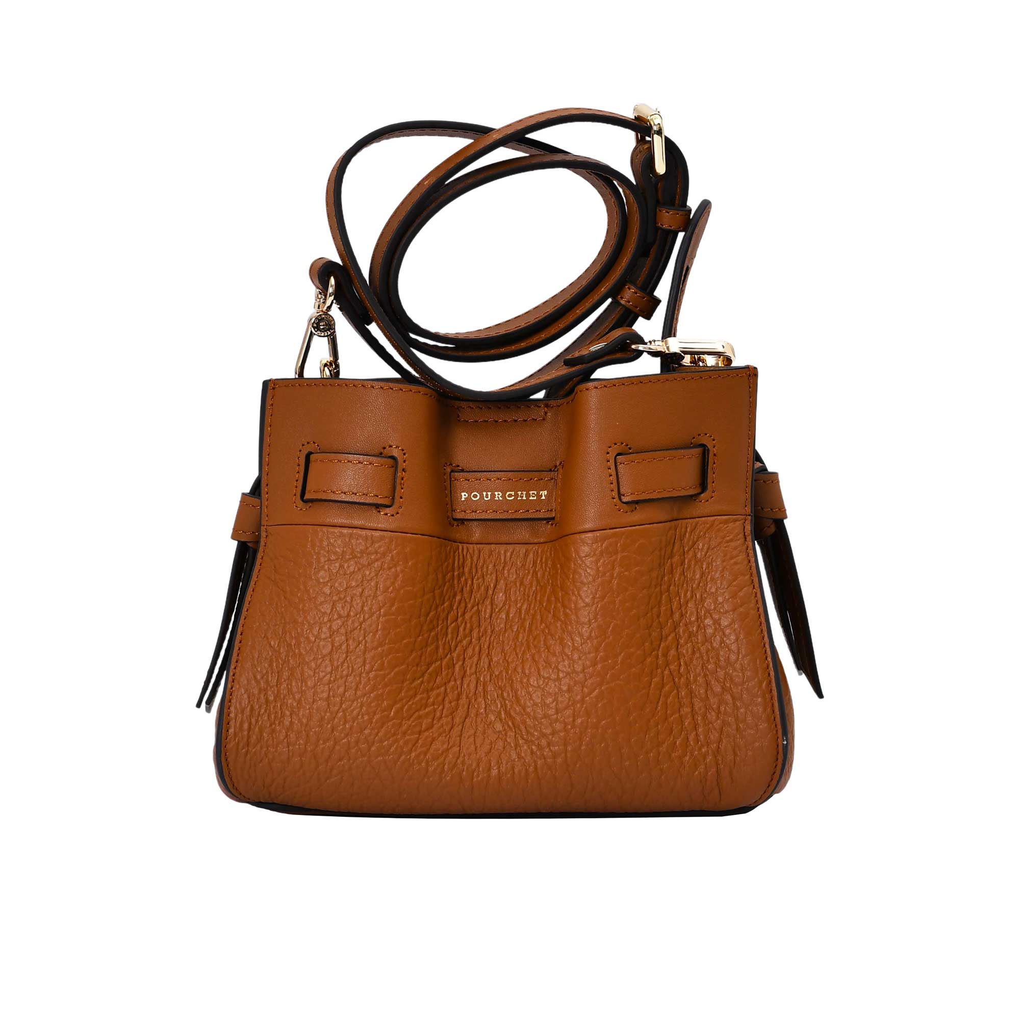 Front view of the Pourchet Blossom bucket bag in camel, showing the adjustable shoulder strap and the gold embossed brand logo on the front.