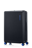 Front view of the Samsonite Voypod Spinner large in Black, showcasing its sleek, boxy hardshell design and the prominent front-access pocket panel. Shop Online Today