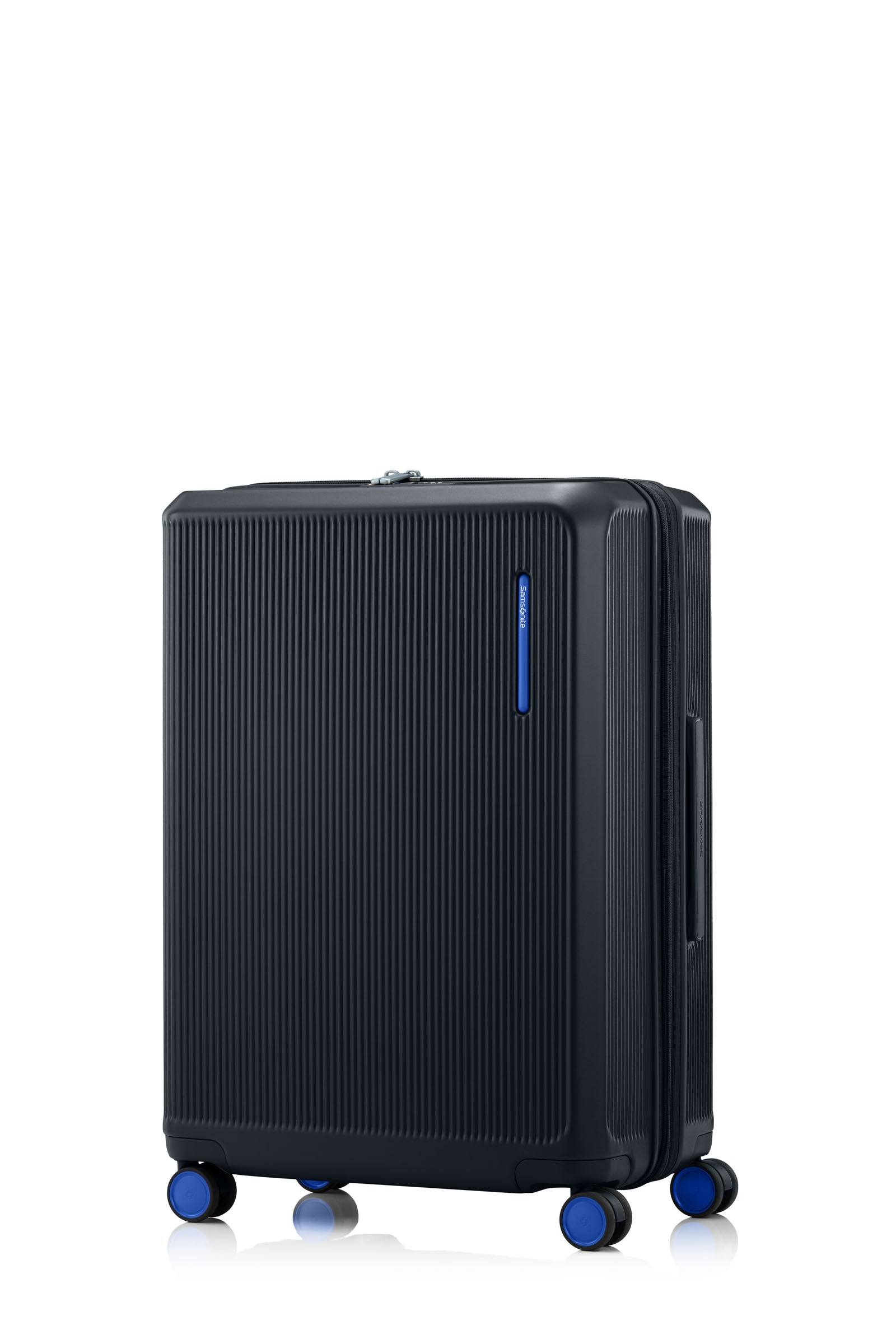 Front view of the Samsonite Voypod Spinner medium in Black, showcasing its sleek, boxy hardshell design and the prominent front-access pocket panel. Available for Online Purchace.