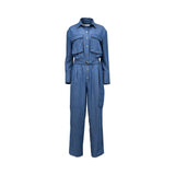 Front view of the Simona Corsellini Women's Blue Denim Utility Jumpsuit with Gold Buttons & Belt. Find The Collection Online