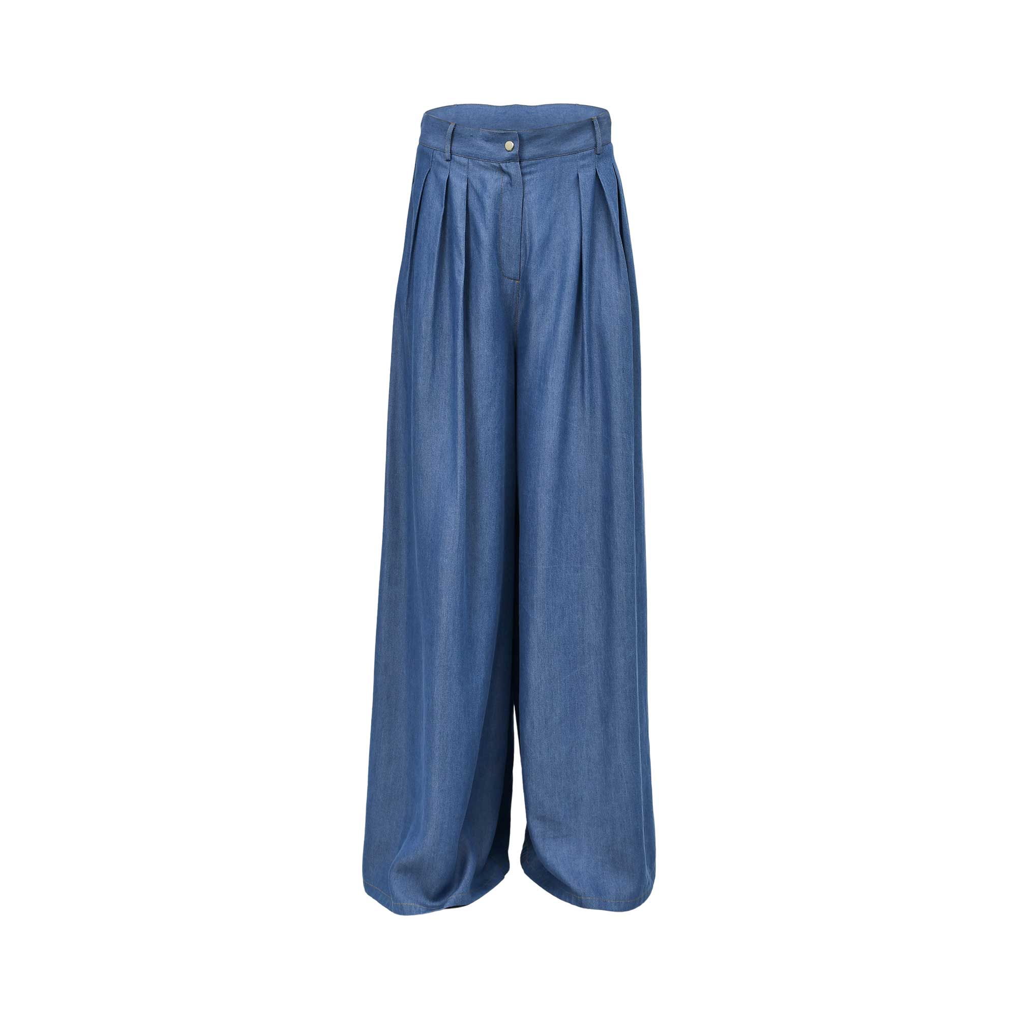 Front view of the Simona Corsellini Women's Blue Wide-Leg Denim Trousers High Waist. Available Online