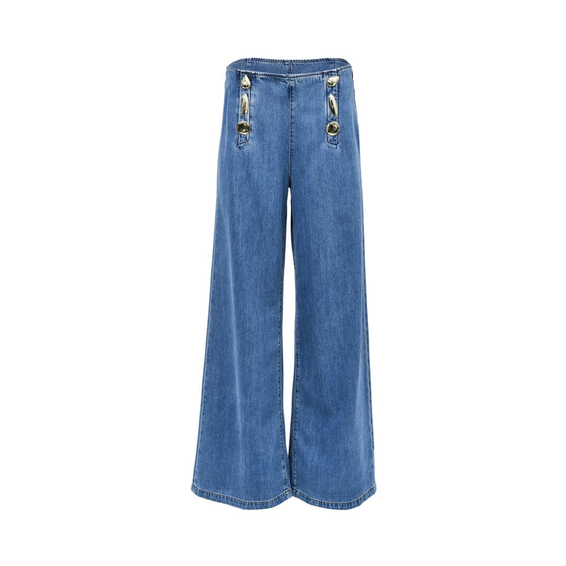Front view of the Simona Corsellini Women's Blue Wide-Leg Denim Trousers with Jewel Buttons. Shop Now Online