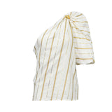 Front view of the Simona Corsellini Women's One-Shoulder White Top with Gold Stripe. Order Online Today.