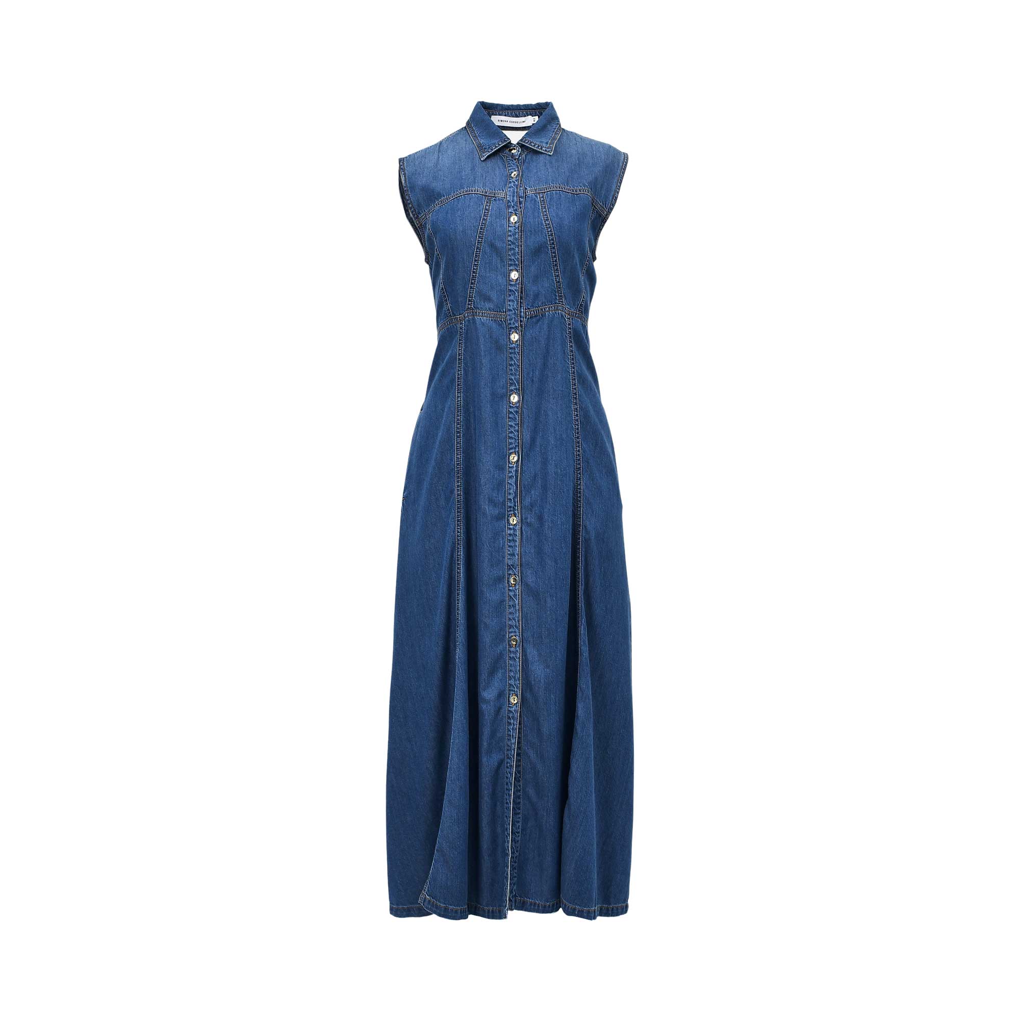 Front view of the Simona Corsellini Women's Sleeveless Denim Maxi Dress with Open Back. Shop Now Online