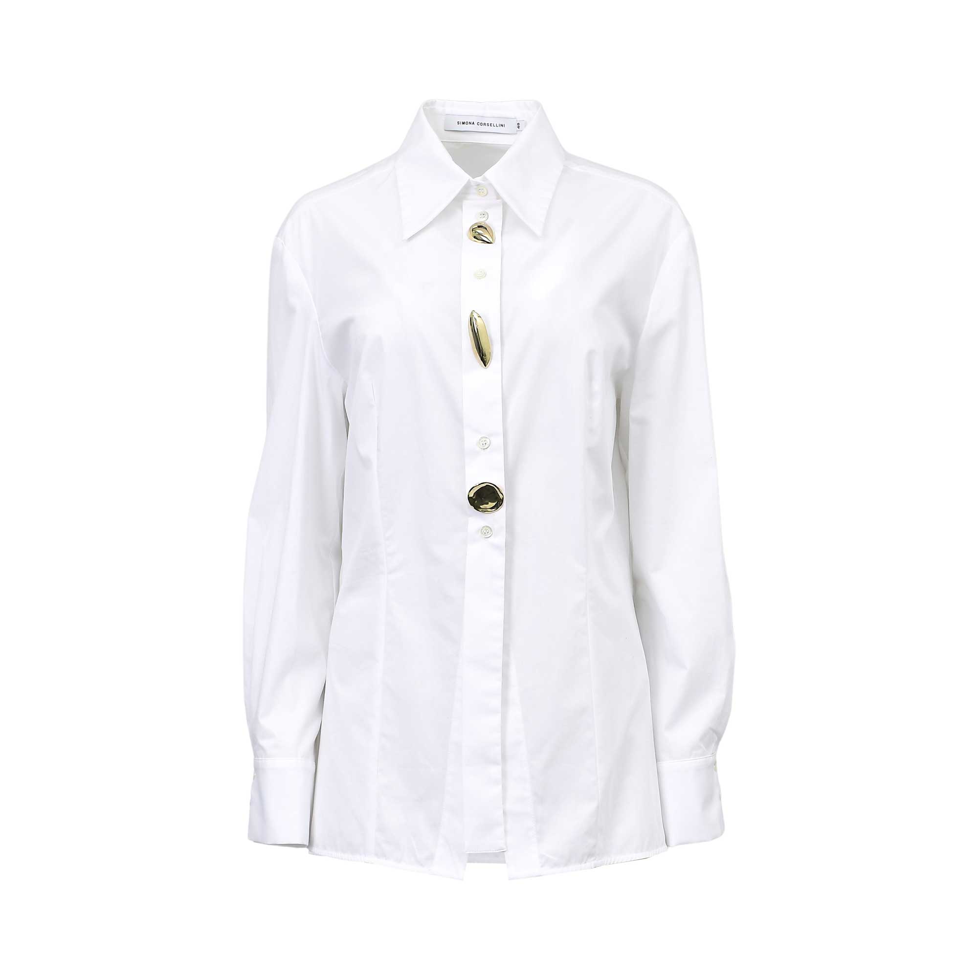 Front view of the Simona Corsellini Women's White Button-Up Shirt with Gold Accent. Available For Online Purchase