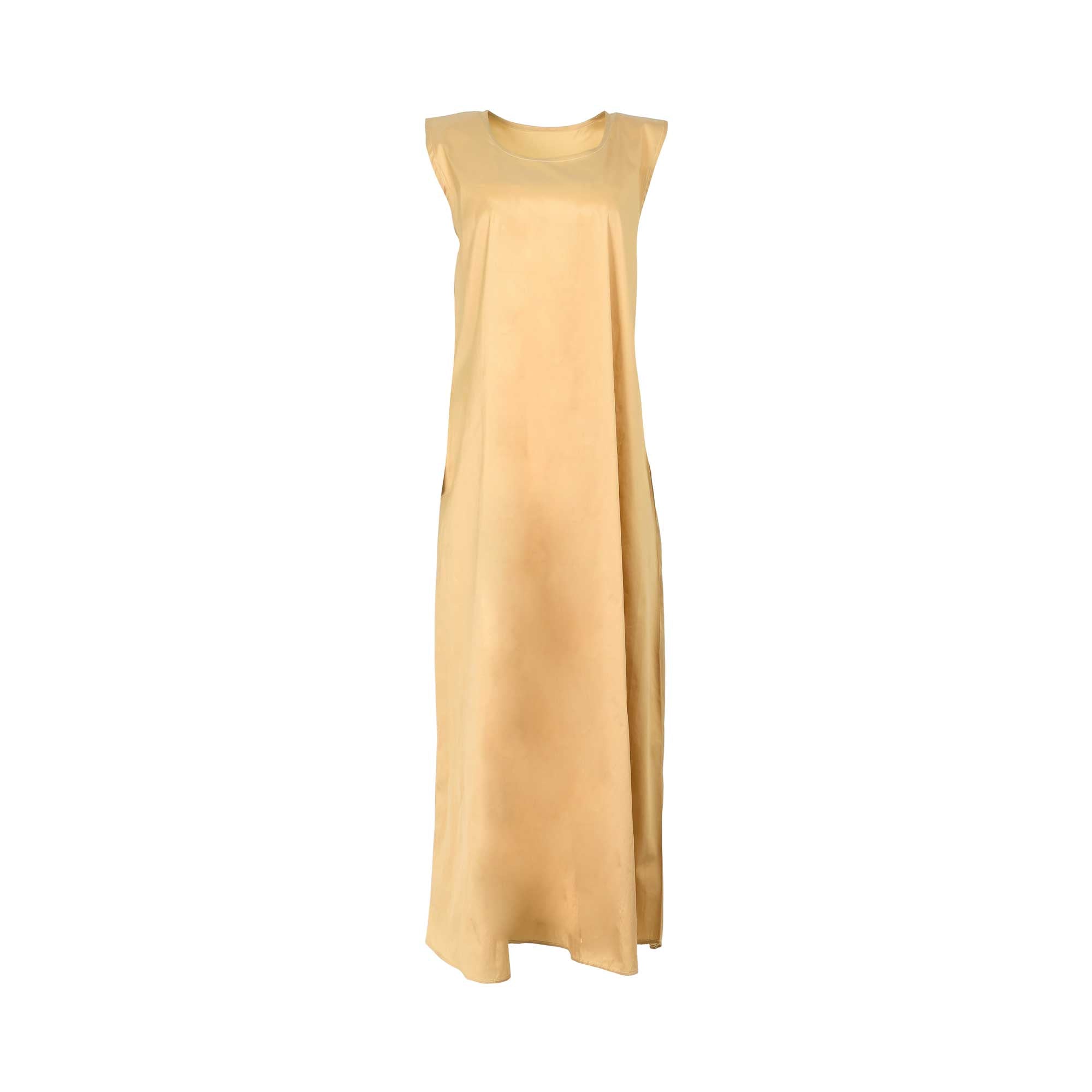 Front view of the gold inner dress of the Nero women's purple embroidered jalabiya set. Shop the Collection Online
