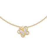 Symmetrical frontal view of the Saint Honoré gold-plated butterfly pendant necklace on a white background, highlighting the iridescent Mother of Pearl wings and pavé crystal border.