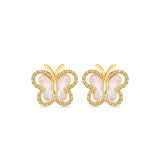 A symmetrical frontal studio shot of the pair of Saint Honoré gold-plated butterfly stud earrings on a clean white background, highlighting the iridescent Mother of Pearl wings and surrounding crystal pavé border.