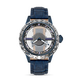 Clean frontal studio view of the Saint Honoré Champ de Mars watch, showcasing the geometric lattice bezel, completely transparent skeleton dial center, and blue alligator-embossed leather strap.