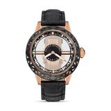 Clean frontal studio view of the Saint Honoré Champ de Mars watch, showcasing the geometric black lattice bezel, completely transparent skeleton dial center, rose gold lugs, and black alligator-embossed leather strap.