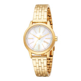 Front studio portrait of the Esprit Renata women's watch ES1L484M1045, showcasing its polished gold-plated case, iridescent white mother-of-pearl dial with crystal indices, and matching gold stainless steel link bracelet.