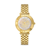 Clean frontal studio view of the Saint Honoré Gala 34mm gold-plated watch, showcasing the white mother-of-pearl dial with gold Arabic calligraphy script, engraved logo bezel, and five-row yellow gold link bracelet.