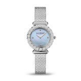 Clean frontal studio shot of the Saint Honoré Gala women's watch, showcasing the 29mm diamond-paved scalloped bezel, shimmering mother-of-pearl dial, and stainless steel mesh bracelet.