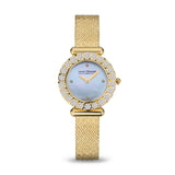 Clean frontal studio view of the watch against a white background, highlighting the iridescent white mother-of-pearl dial face, four diamond indices, and uniform gold mesh texture.