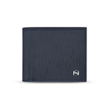 Front view of the closed Saint Honoré Orleans bifold wallet against a white background, highlighting the navy blue wave-textured Italian leather and the polished silver-tone SH monogram logo.