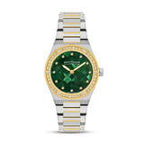 Clean frontal product photo of the Saint Honoré Haussman 32mm watch, highlighting the two-tone bracelet, diamond-accented bezel, and vibrant green mosaic mother-of-pearl dial.