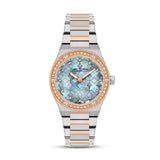 Clean frontal product view of the Saint Honoré Paris Haussman 32mm women's watch, showcasing its diamond-set rose gold bezel, blue mosaic mother-of-pearl dial, and two-tone steel bracelet.