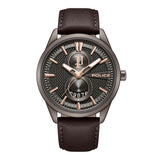 Studio front orientation portrait of the Police men's watch PEWGB0092603, displaying its round brown ion-plated case, textured gunmetal dial with a prominent Gothic 'P' logo, rose gold indices, and dark brown leather band.