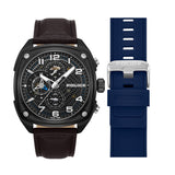 Frontal product presentation of the Police multi-function watch PEWGF00814X2 attached to a brown leather strap, shown alongside its interchangeable navy blue silicone replacement strap.