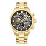 Studio frontal presentation of the Police multi-function watch PEWGK0039208, highlighting the brushed gold IP case, matching link bracelet, and the layered black and gunmetal industrial dial.