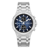 Studio frontal presentation of the Police dual time watch PEWGK0082004, showcasing its silver stainless steel case, multi-link bracelet, and waffle-textured blue gradient dial.