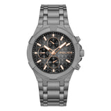 Front studio orientation of the Police men's dual time watch PEWGK0082005, showcasing its bold gunmetal-plated round case, dark charcoal waffle-patterned dial, rose gold index markers, and tactical three-row link bracelet.