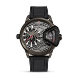 Studio frontal layout of the Police x Marvel Spider-Man watch PEWGM0090201, displaying the gunmetal IP case, openwork spider web dial over honeycomb mesh, and the distinctive Zone 2 display shroud.