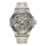 tudio frontal shot of the Police automatic watch PEWGR0082201, highlighting its translucent grey TR90 body, brushed gunmetal bezel with silver screws, open skeleton dial, and sand-beige silicone strap.