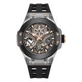 Studio frontal shot of the Police automatic watch PEWGR0082202, showcasing its translucent grey TR90 polymer body, brushed black bezel with rose gold screw accents, skeleton dial layout, and black silicone strap.