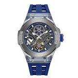 Studio frontal shot of the Police automatic watch PEWGR0082204, showcasing its clear TR90 polymer body, brushed gunmetal bezel, skeleton dial layout, and blue silicone strap.