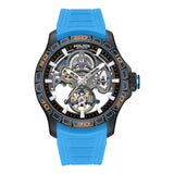 Front studio layout of the Police automatic watch PEWGR0097804, showing its gunmetal skeleton case, exposed mechanical gears, black racing bezel with orange numbers, and light blue silicone strap.