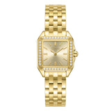 Front studio layout of the Police Caselight women's watch PEWLG2240903, showing its square IP gold-plated case, shimmering champagne sunray dial, crystal-accented bezel, and matching gold link bracelet.