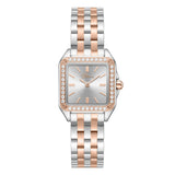Front studio layout of the Police Caselight women's watch PEWLG2240904, displaying its square stainless steel case, rose gold-plated crystal bezel, silver sunray dial, and matching two-tone link bracelet.