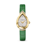 Clean frontal studio view of the Saint Honoré Petit Palais gold-plated teardrop watch, highlighting the chevron textured white dial, diamond-accented lugs, and emerald green alligator-embossed leather strap.