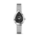 Clean frontal studio view of the Saint Honoré Petit Palais gold-plated teardrop watch, highlighting the chevron textured white dial, diamond-accented lugs, and scale-textured bracelet.