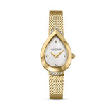 Clean frontal studio view of the Saint Honoré Petit Palais gold-plated teardrop watch, highlighting the chevron textured white dial, diamond-accented lugs, and scale-textured bracelet.