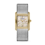 Clean frontal studio view of the Saint Honoré Palais Royal 26mm two-tone watch, highlighting the white mother-of-pearl scalloped mosaic dial, diamond-set bezel rows, and woven stainless steel mesh bracelet.