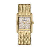 Clean frontal product photo of the rectangular gold-plated Palais Royal watch, highlighting the white scalloped mother-of-pearl dial and diamond borders.