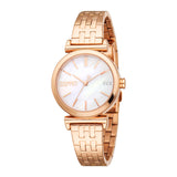 Front studio portrait of the Esprit women's watch ES1L505M0065, showcasing the rose gold-plated round case, iridescent white mother-of-pearl dial with crystal indices, and matching rose gold stainless steel multi-link bracelet.