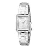 Front studio layout of the Esprit Elora women's watch, showcasing the rectangular silver dial, crystal accent bezel, and matching stainless steel link bracelet.