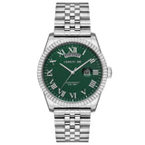 A direct front-facing studio product shot of the Cerruti 1881 Chienti men's watch, showcasing its silver-tone stainless steel build, fluted bezel, forest green dial with Roman numerals, arching day window at 12 o'clock, and a magnified date window.