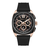 A direct, flat lay studio presentation of the Cerruti 1881 Cuneo men's watch, showcasing its dual-tone rose gold and black cushion case, black chronograph dial, big date window, and black silicone strap.
