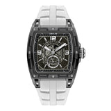 A direct, symmetrical studio layout presentation of the Cerruti 1881 Belluno watch, showcasing the black tonneau case, technical black grid dial with white indices, and the integrated white silicone strap.