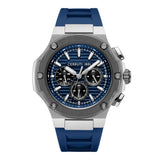 A direct, symmetrical studio layout presentation of the Cerruti 1881 Lucardo watch, showcasing the blue horizontally ridged dial, multi-function sub-dials, and the gunmetal screw-accented bezel.