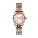 A direct face-forward studio product photograph of the Cerruti 1881 Baccio women's watch, displaying its two-tone rose gold and steel construction, fluted bezel, silver dial with Roman numerals, and magnified date lens.