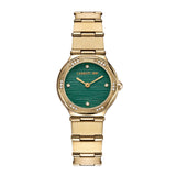 A direct, face-forward studio presentation of the Cerruti 1881 Rendinara women's watch, showcasing its polished gold-plated case, crystal-embellished bezel, textured green dial, and integrated H-link bracelet.